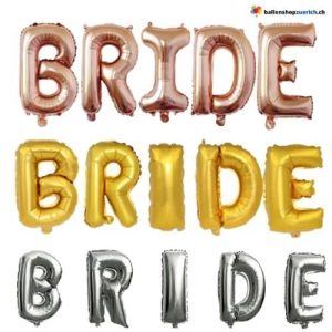 BRIDE Ballon Schriftzug Set JGA Deko Gold Silber Rosé Gold 