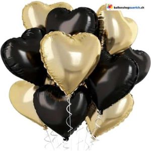 Luftballone Herz Medium Set 10 Stück Champagner Gold / Schwarz gemischt – Folie Heliumballone