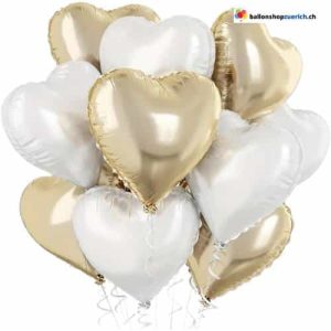Luftballone Herz Medium Set 10 Stück Champagner Gold / Weiss gemischt – Folie Heliumballone &#