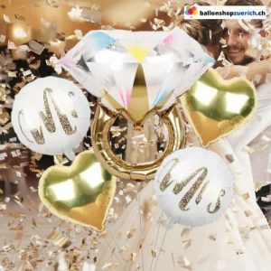 Luftballons 5er Set Mr & Mrs Love Ring Diamant 2 Herzen Gold Braut und Bräutigam Romantik Hochz