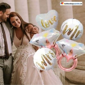 Luftballons 5er Set Mr & Mrs Love Ring Diamant Braut und Bräutigam Romantik Hochzeitskleid Foli