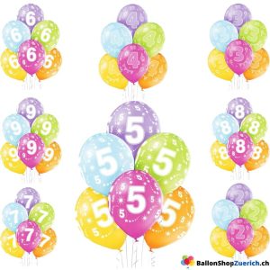 6 Stück Set farbige Zahlenballons 2, 3, 4, 5, 6, 7, 8, 9,  Latex Natur Kautschuk Luftballons Ballon