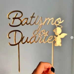 Topo de bolo batismo em acrílico dourado/prateado
